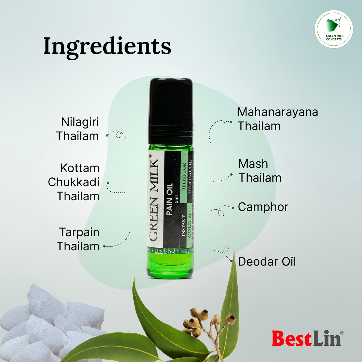 Green milk pain oil with labeled ingredients on a light gray background