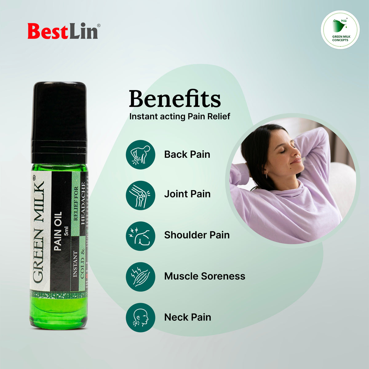 BestLin Green Milk Pain Oil with benefits listed on a light gray background