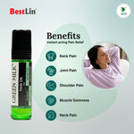 BestLin Green Milk Pain Oil with benefits listed on a light gray background
