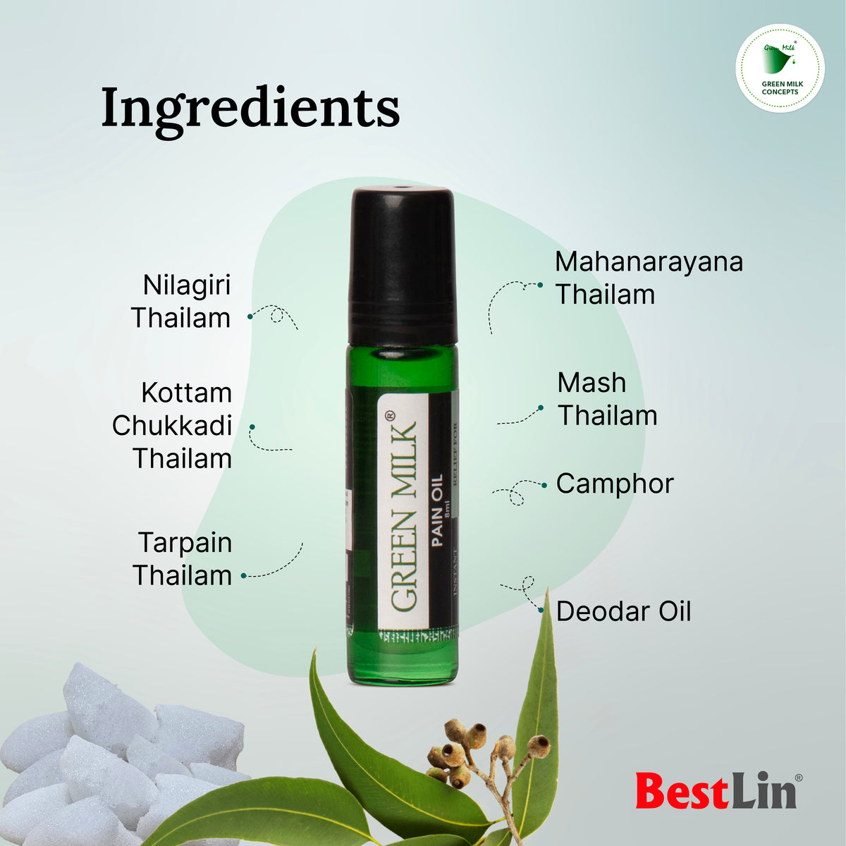Green Milk pain oil with listed ingredients on a light gray background