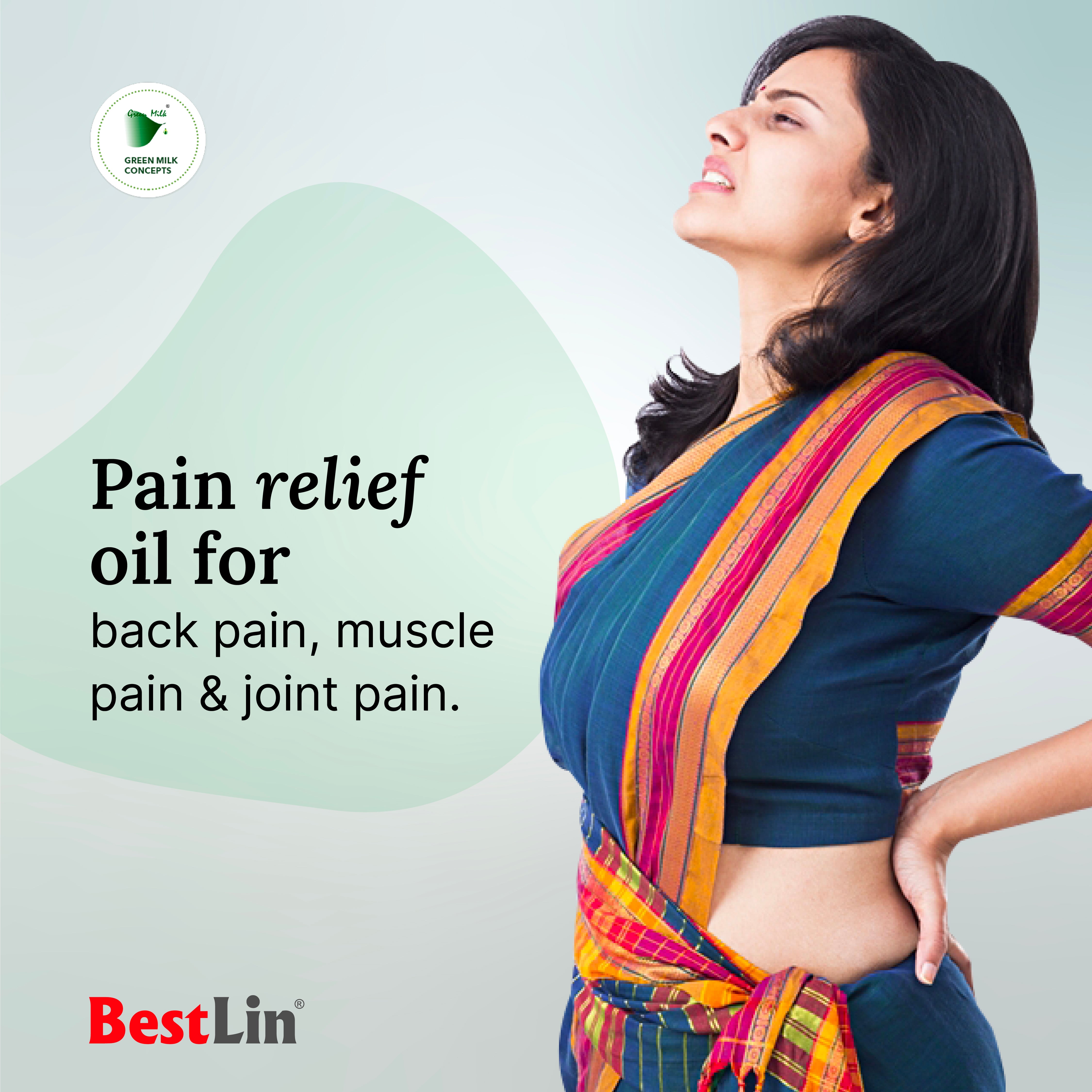 Woman in a colorful saree with text about pain relief oil for back, muscle, and joint pain on a light gray background.