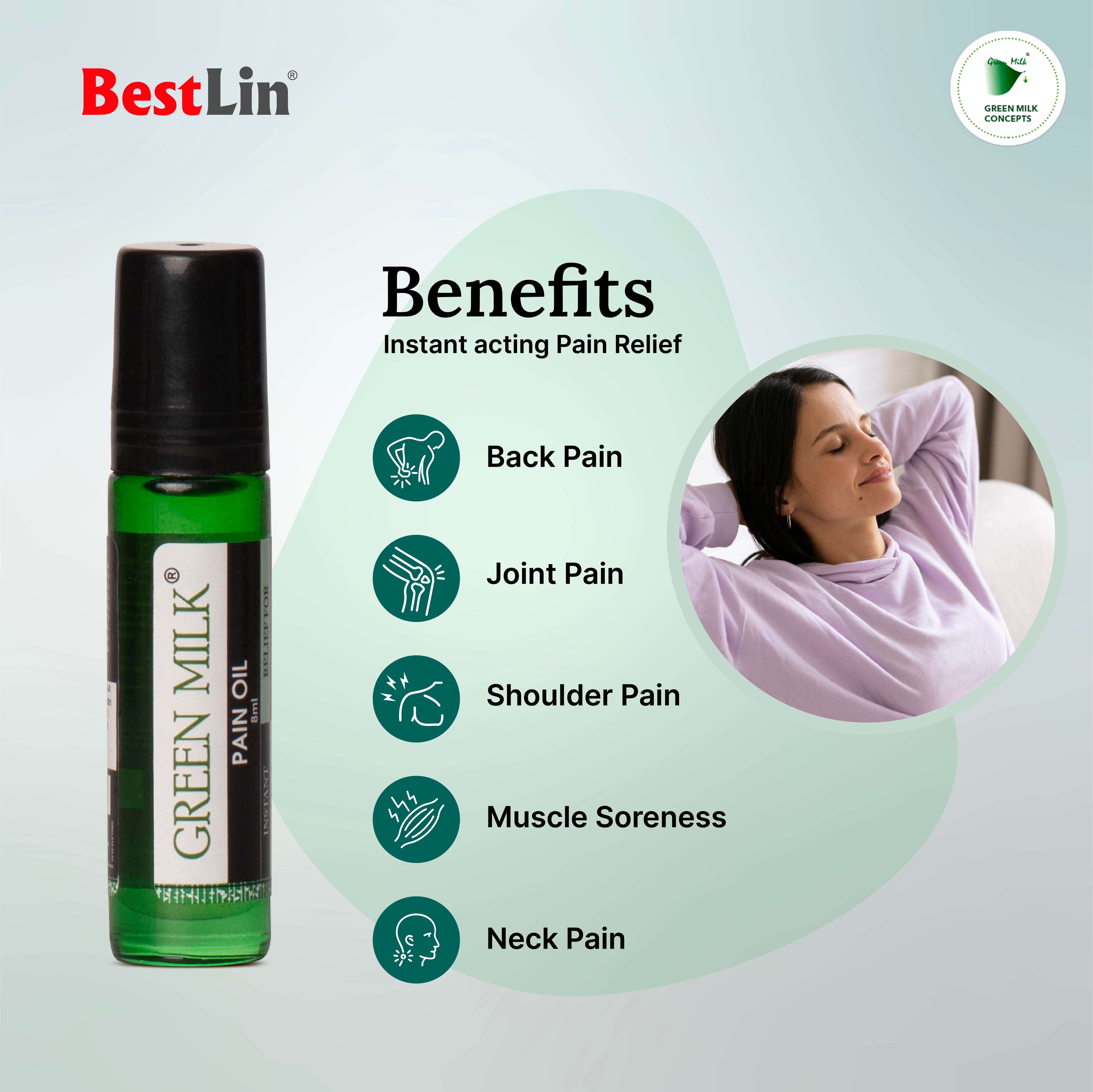 Green milk pain oil with benefits listed on a light gray background