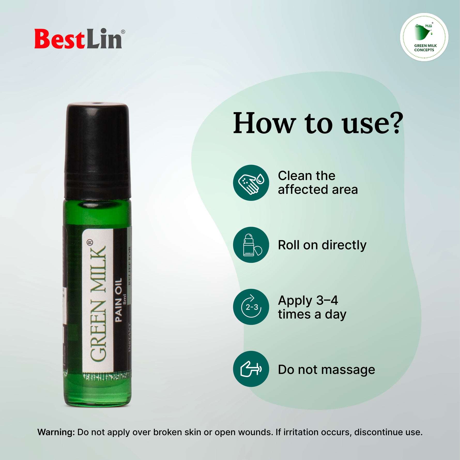 Green milk pain oil bottle with usage instructions on a light gray background