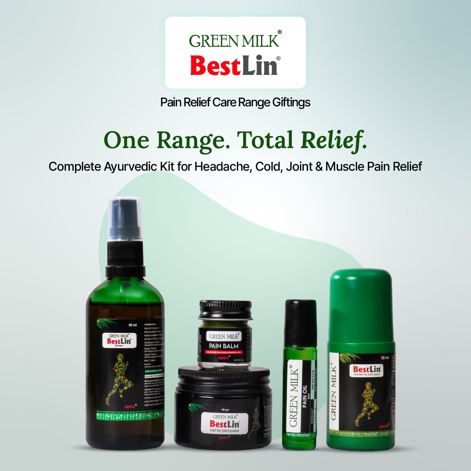 Green Milk BestLin pain relief products on a light gray background