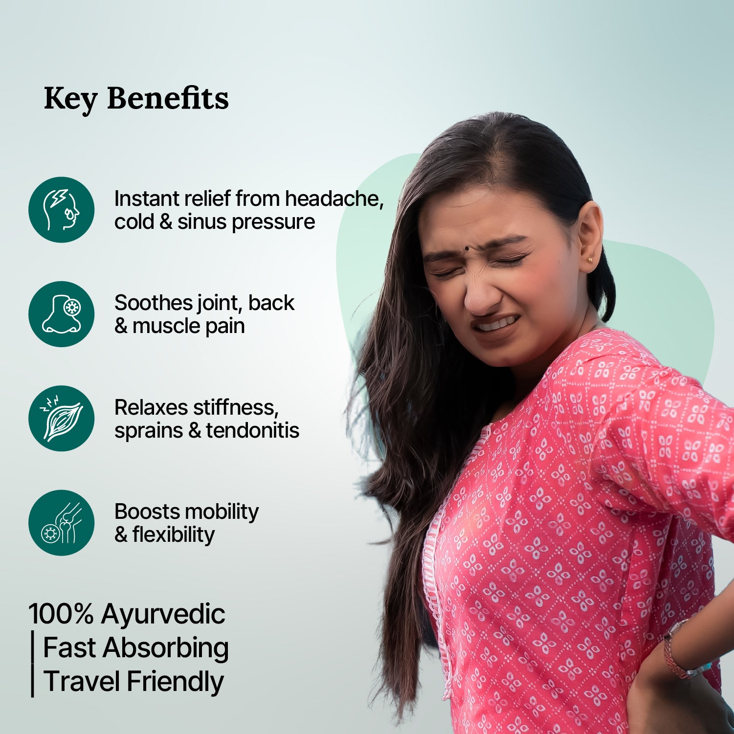 Woman with headache and text listing key benefits of a product on a light blue background