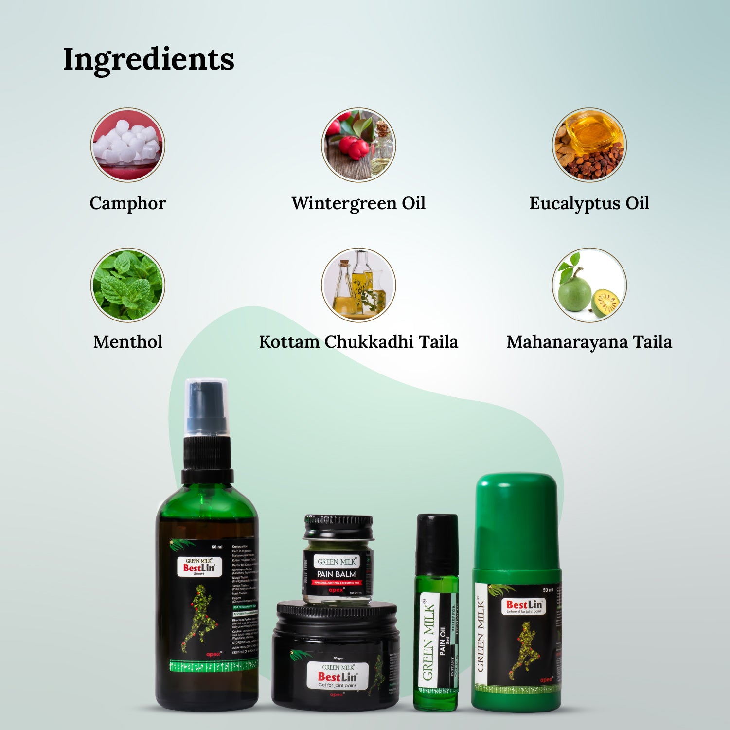 Herbal product ingredients with bottles and labels on a light gray background