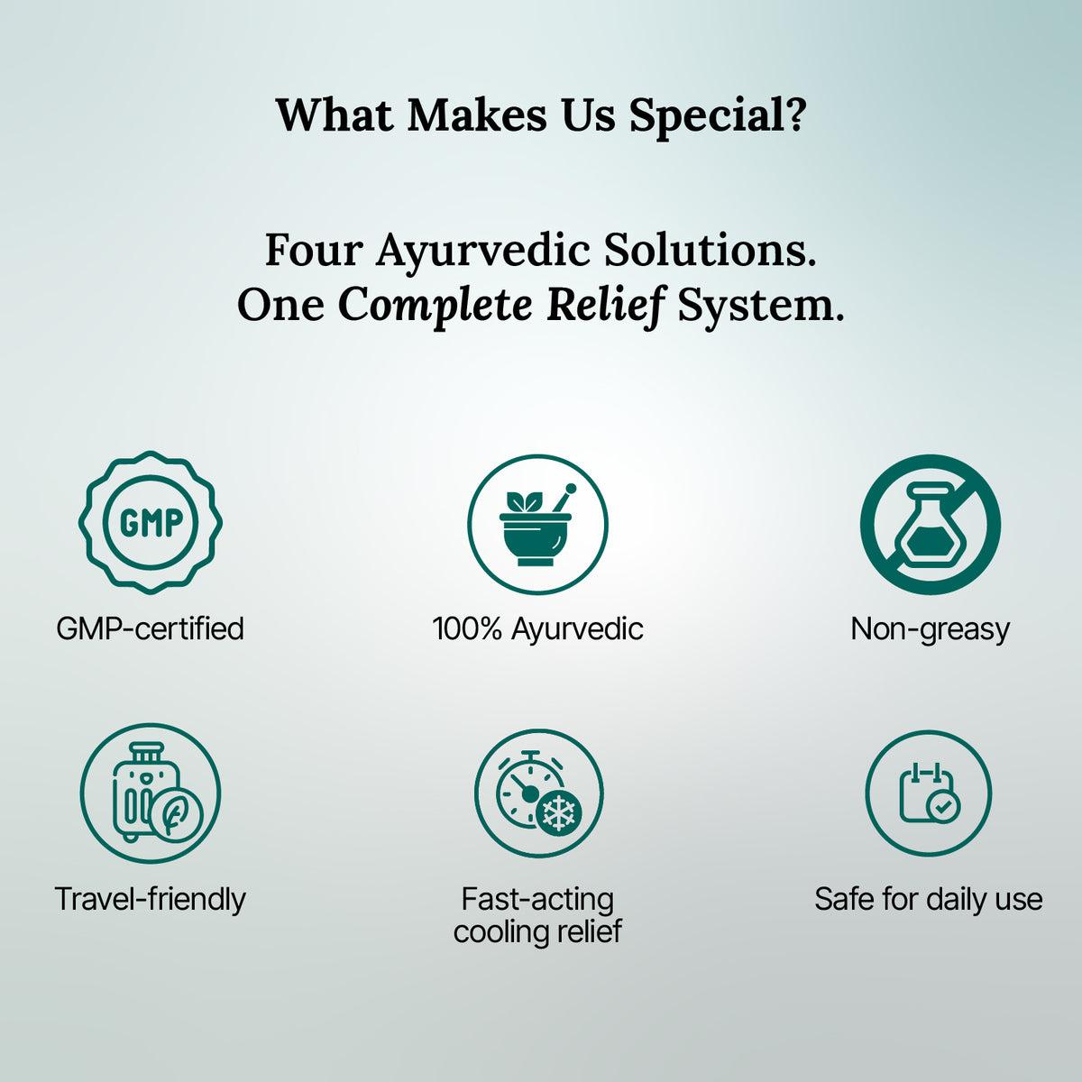 List of features of an Ayurvedic product on a light blue background