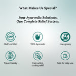 List of features of an Ayurvedic product on a light blue background