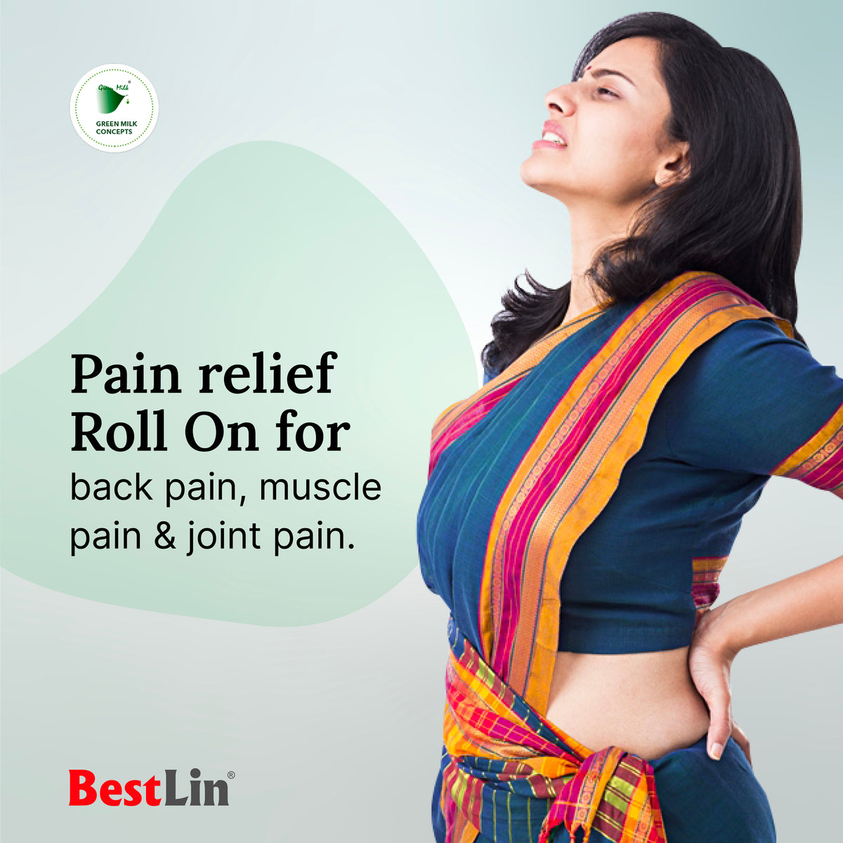 Woman with back pain using a product for relief, with 'BestLin' branding.