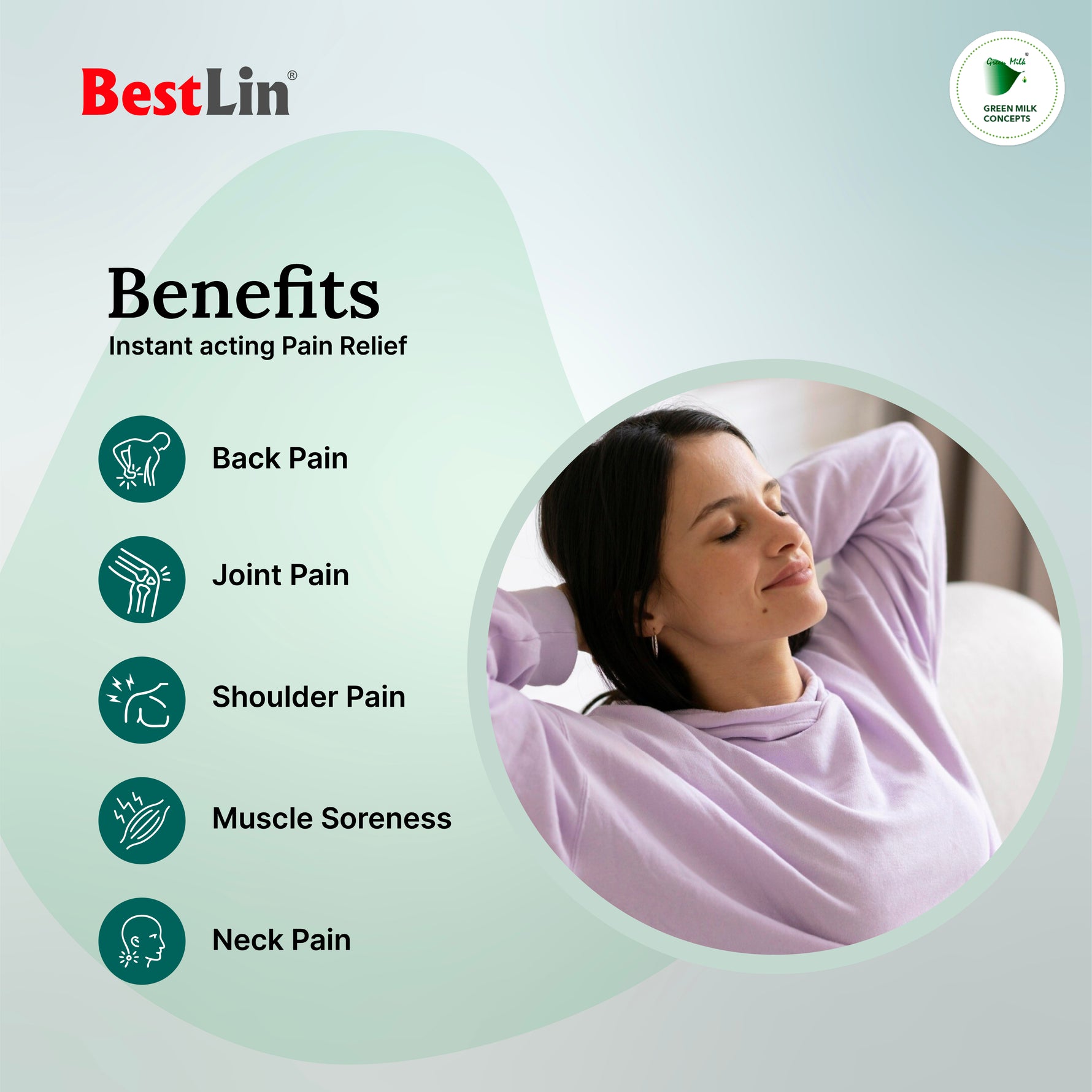 Advertisement for BestLin pain relief product with a woman stretching and listed benefits on a light green background.