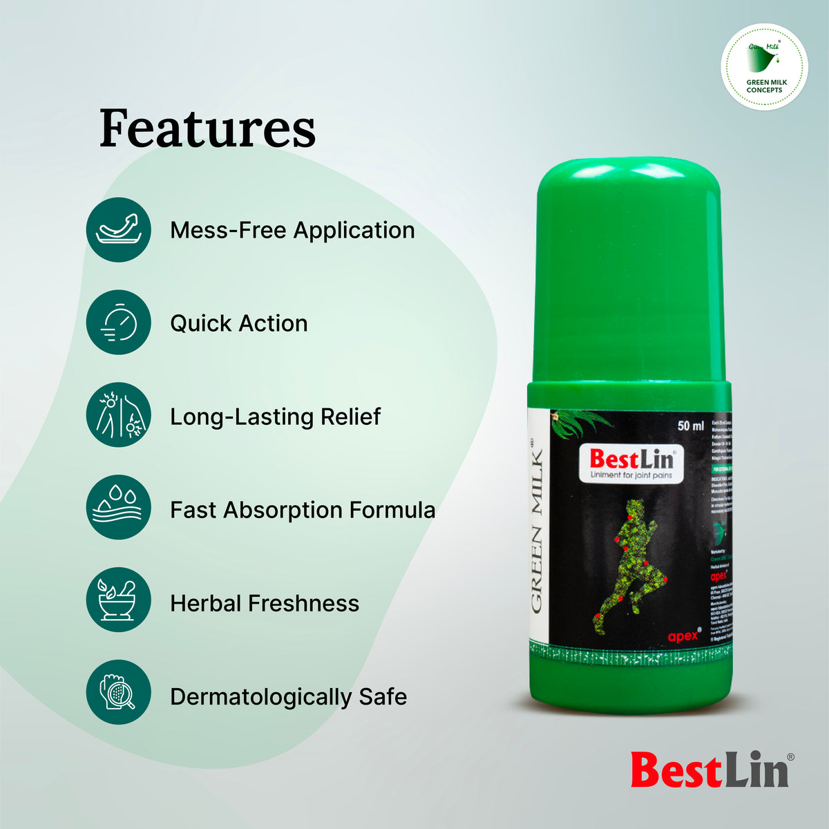 Green bottle with 'BestLin' branding and features listed on a light gray background