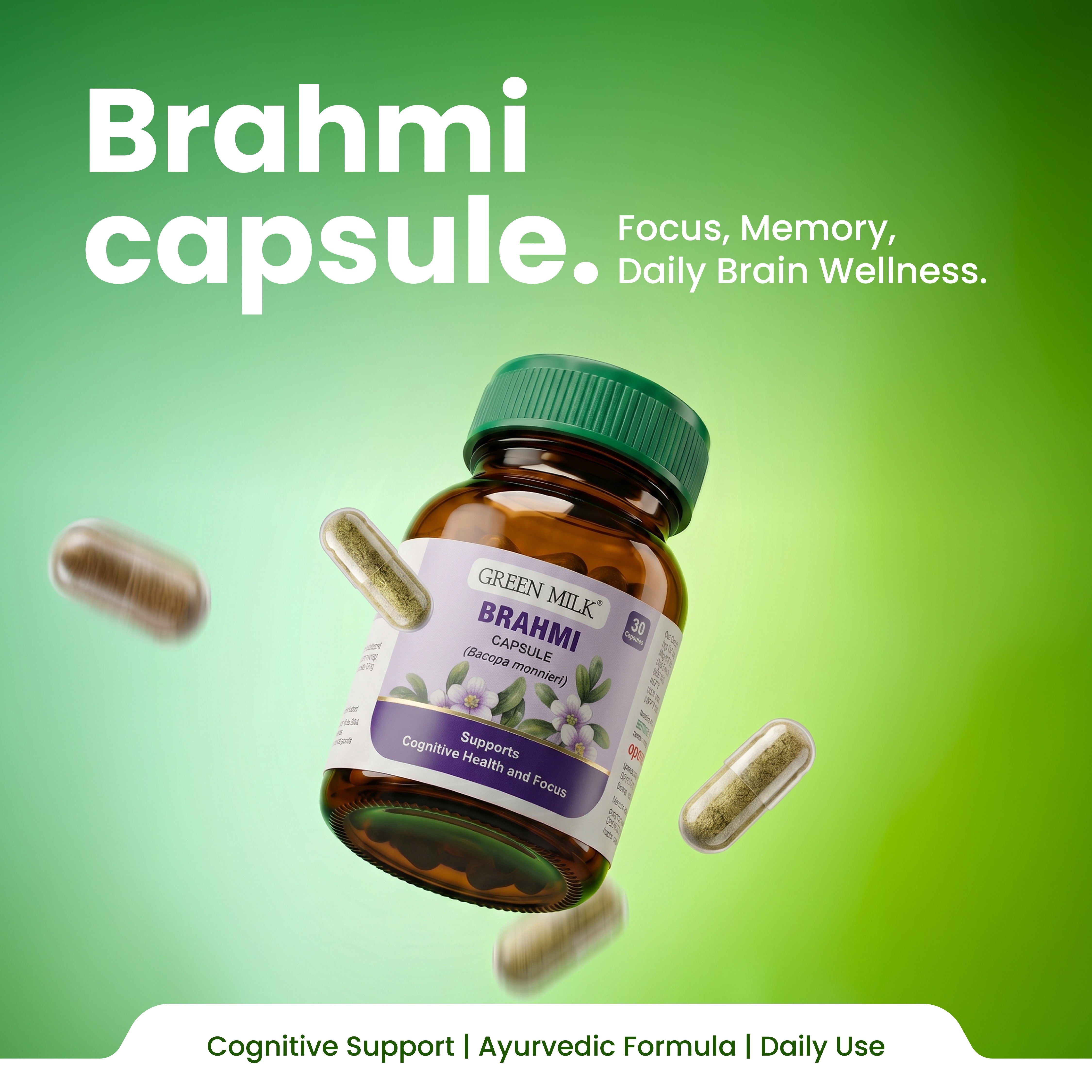 Brahmi capsule bottle with capsules on a green background