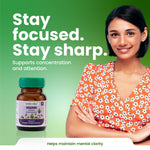 Woman with a bottle of Green Milk Brahmi capsules on a green background with text about staying focused and sharp.