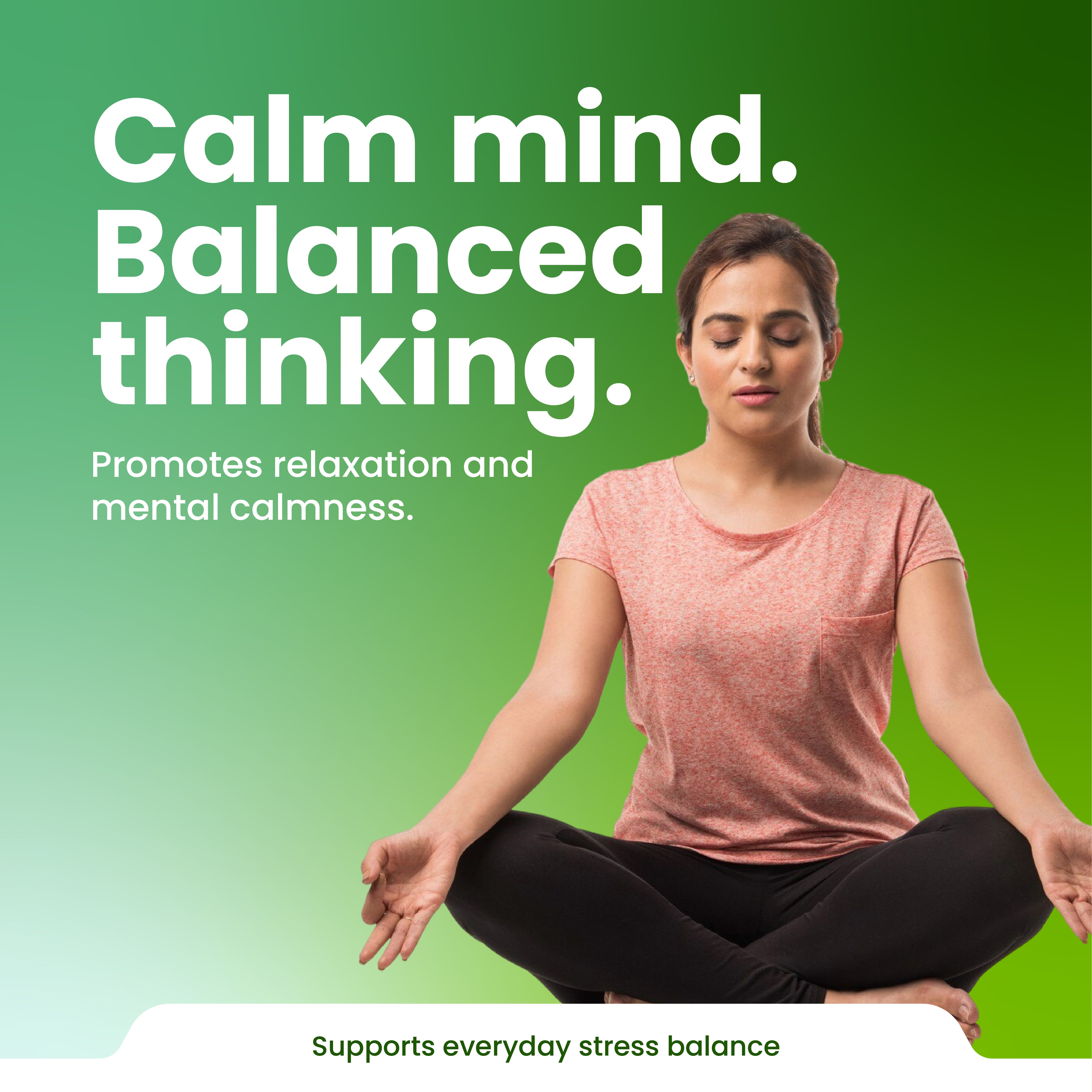 Woman meditating with text 'Calm mind. Balanced thinking.' on a green background