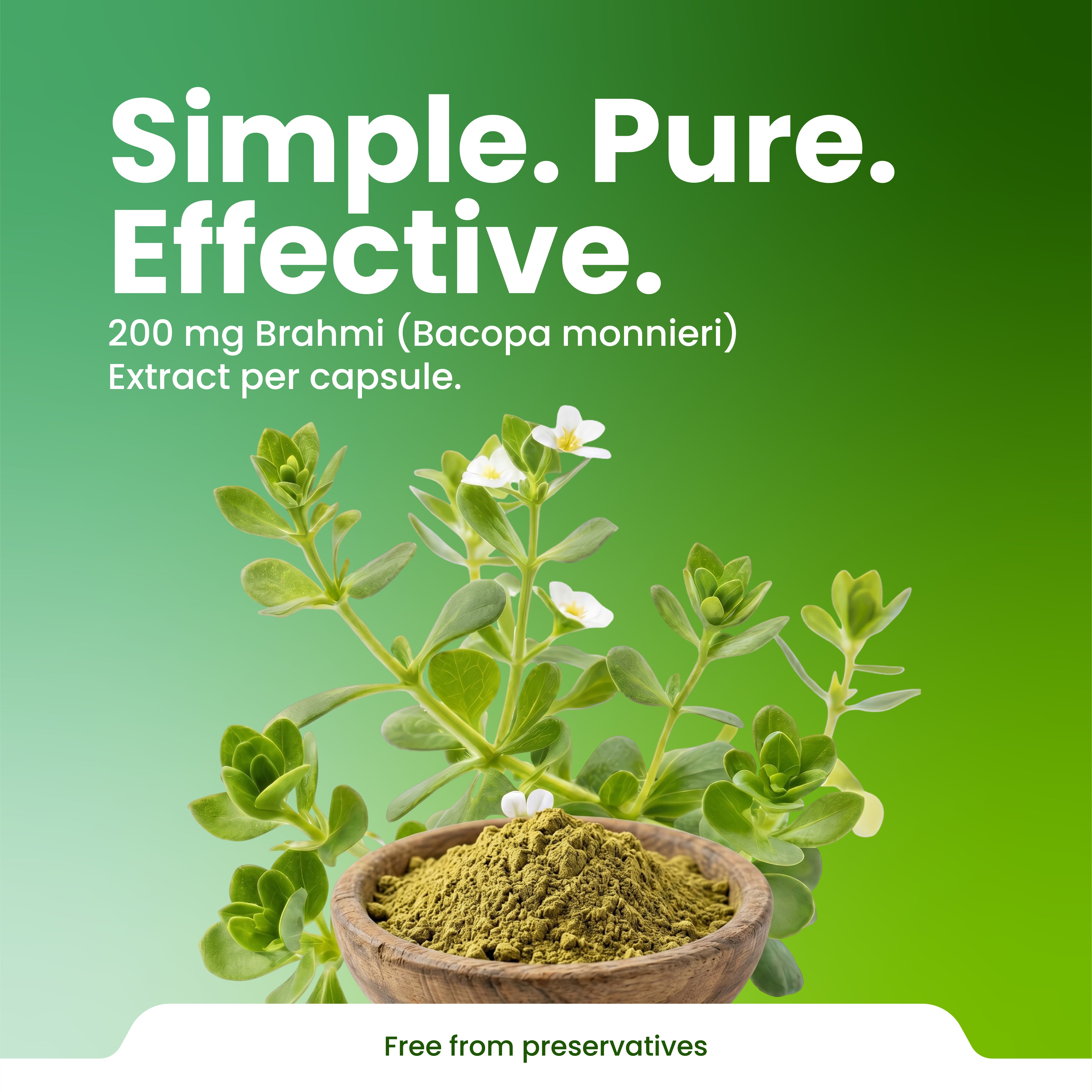 Brahmi herb with a bowl of powder on a green background, promoting natural health product.