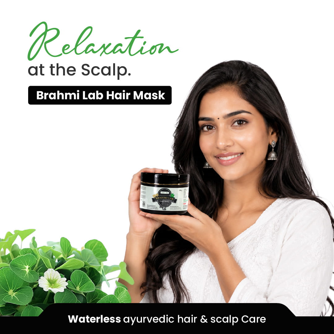 Woman holding a jar of Brahmi Lab Hair Mask with text about scalp care and ayurvedic hair care.