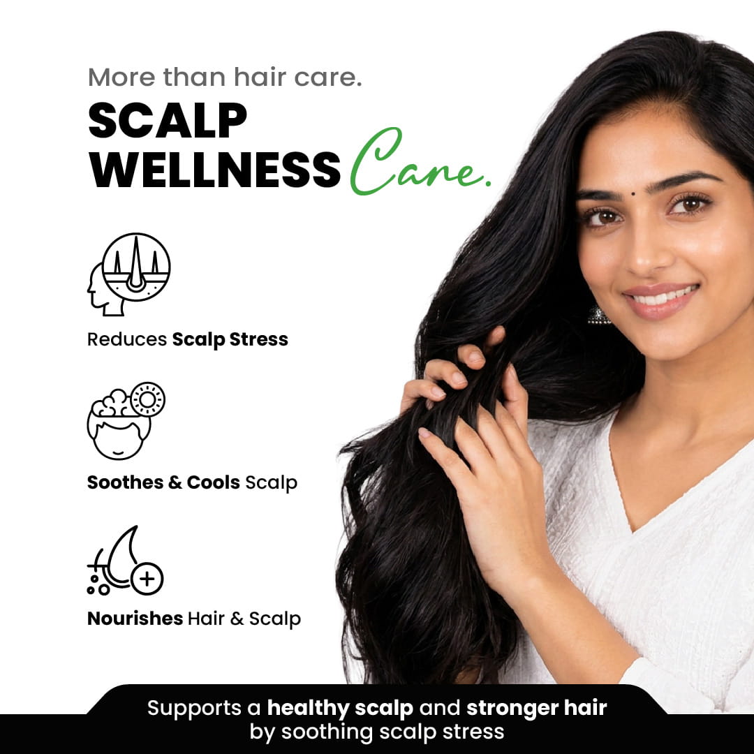 Woman with long black hair touching her scalp, with text about scalp wellness care.