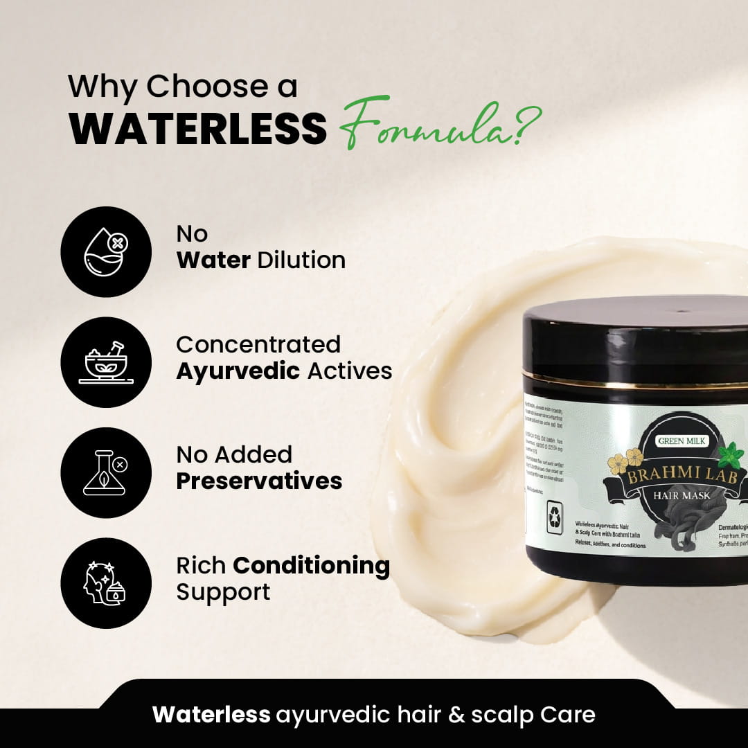Brahmi Lab hair mask jar with waterless formula benefits on a light background
