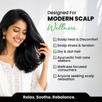 Woman with long black hair touching her scalp, with text about modern scalp wellness on a white background.