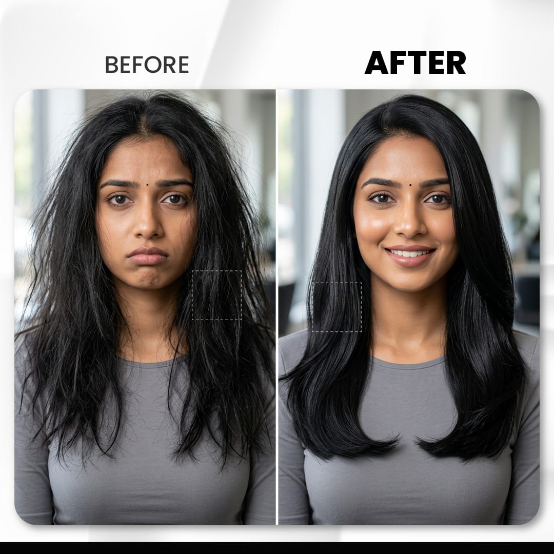 Before and after comparison of a woman with styled hair.