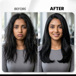 Before and after comparison of a woman with styled hair.