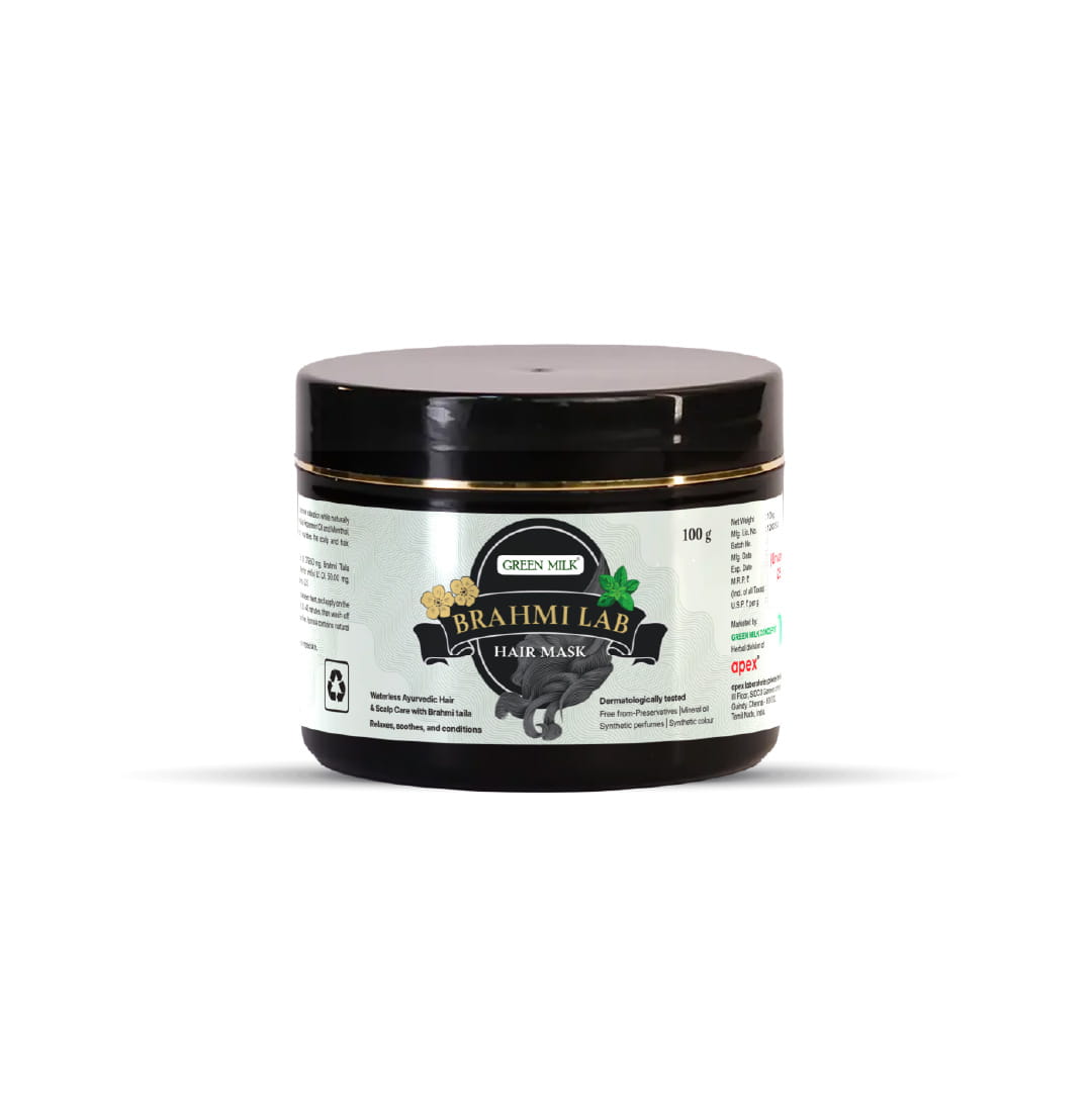 Brahmi Lab hair mask jar on a white background