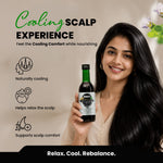 Woman holding a bottle of scalp care product with text about cooling scalp experience.