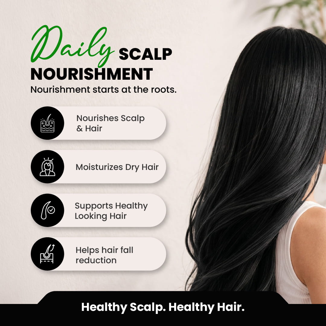 Advertisement for daily scalp nourishment with a woman with long black hair and text about hair care benefits.