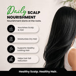 Advertisement for daily scalp nourishment with a woman with long black hair and text about hair care benefits.