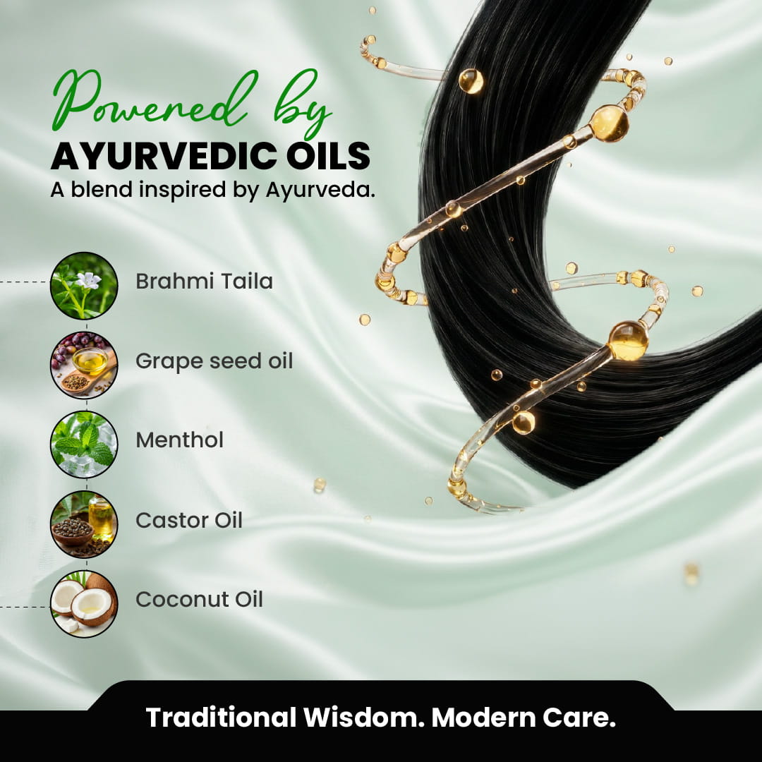 Ayurvedic oils blend with hair on a green fabric background