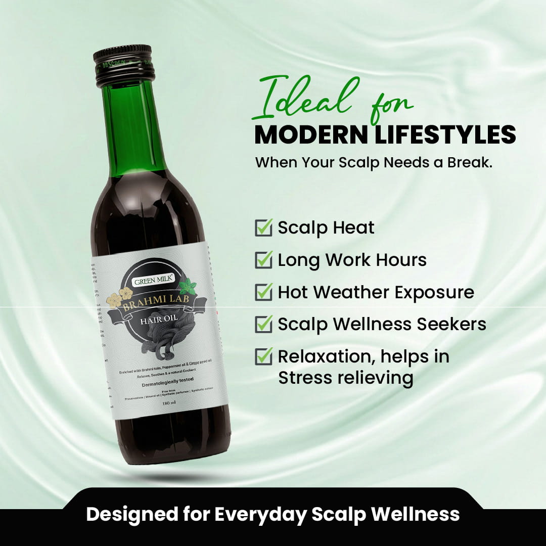 Bottle of hair oil with a label on a light green background, featuring text about scalp care.