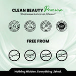 Brahmi Lab Clean Beauty Promise with certification logos on a light green background