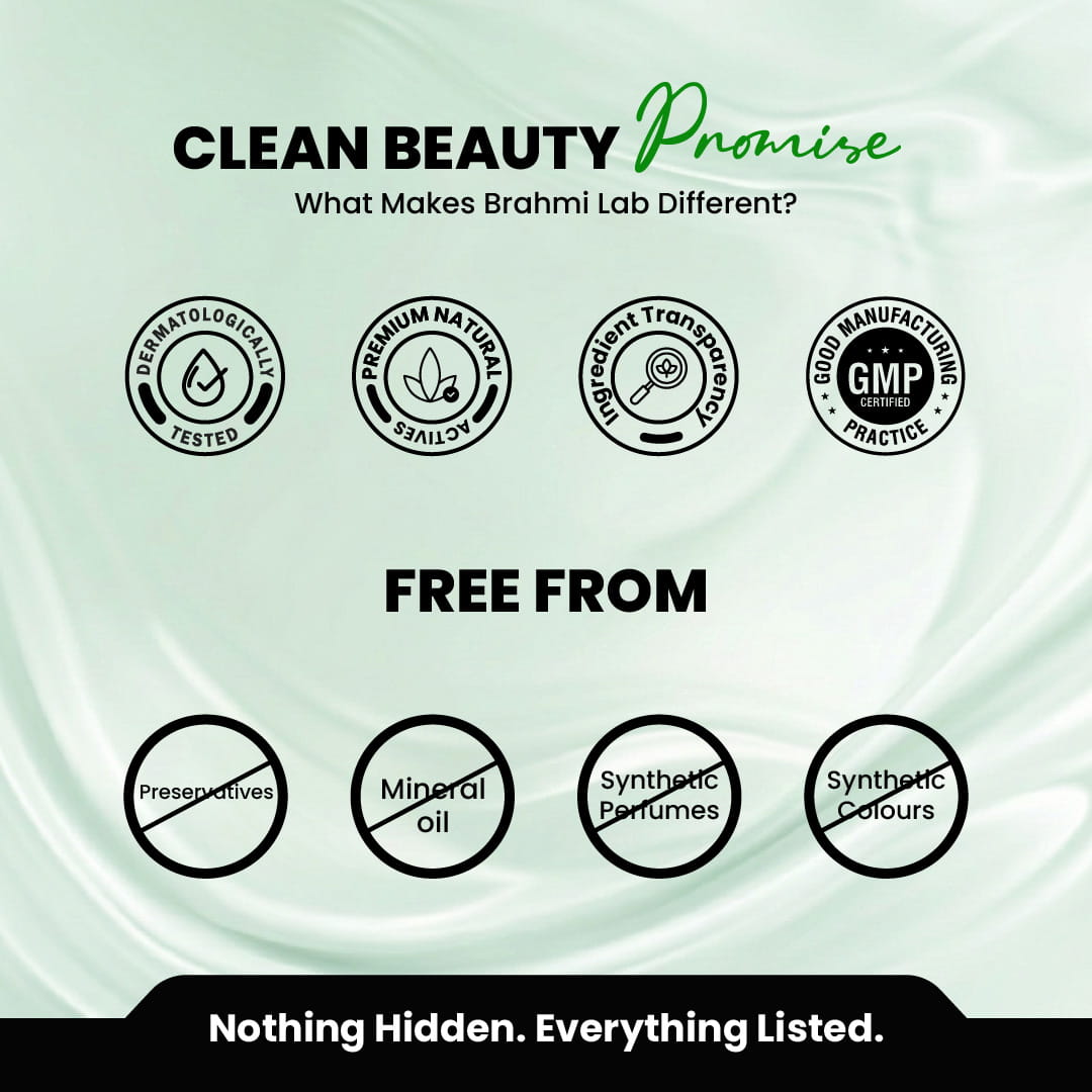 Brahmi Lab Clean Beauty Promise with certification logos on a light green background