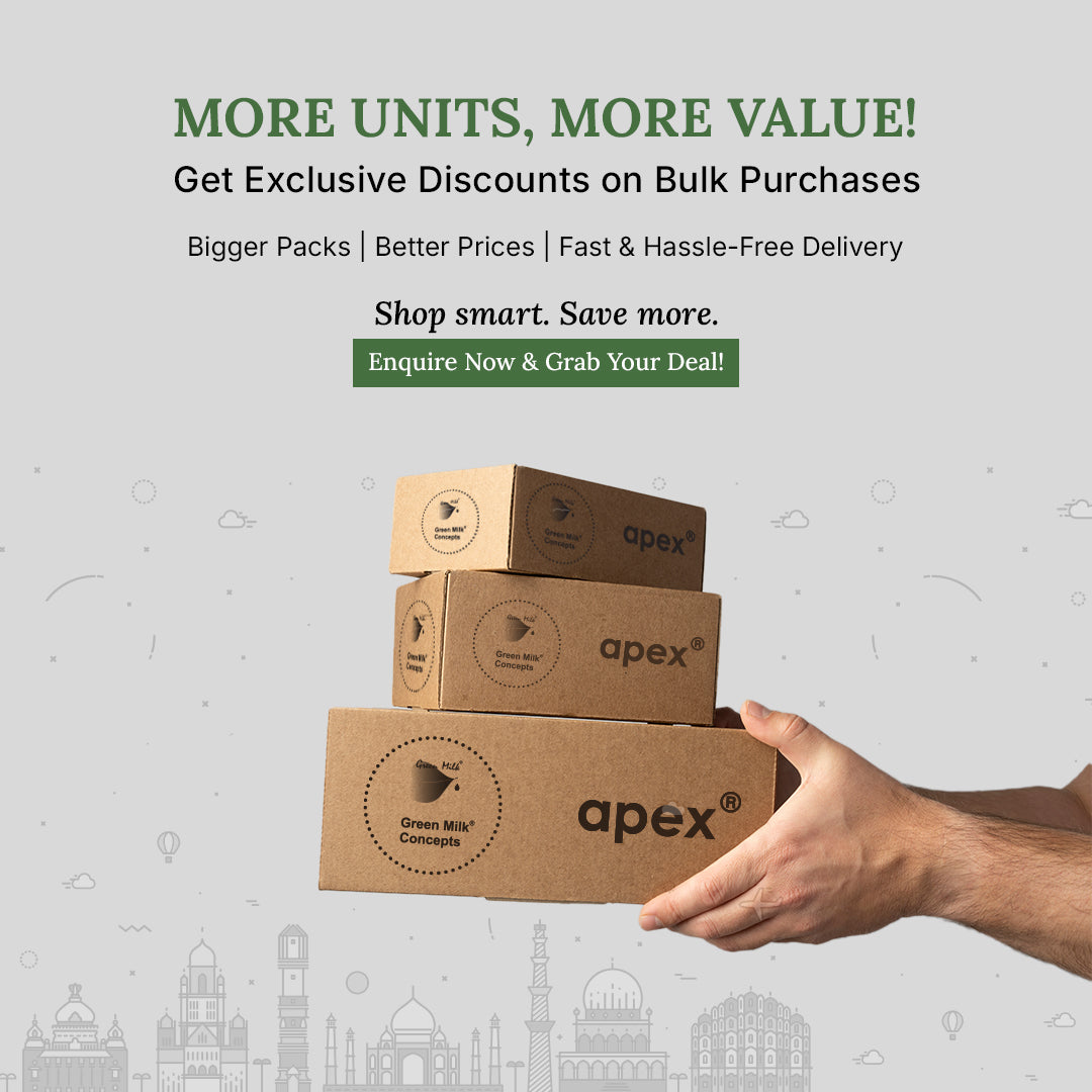 Hand holding a stack of Apex branded boxes with promotional text on a light gray background