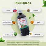 Cardilton syrup bottle with ingredients listed around it on a light green background