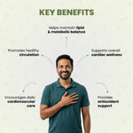 Man in a green shirt with text highlighting key benefits on a light background