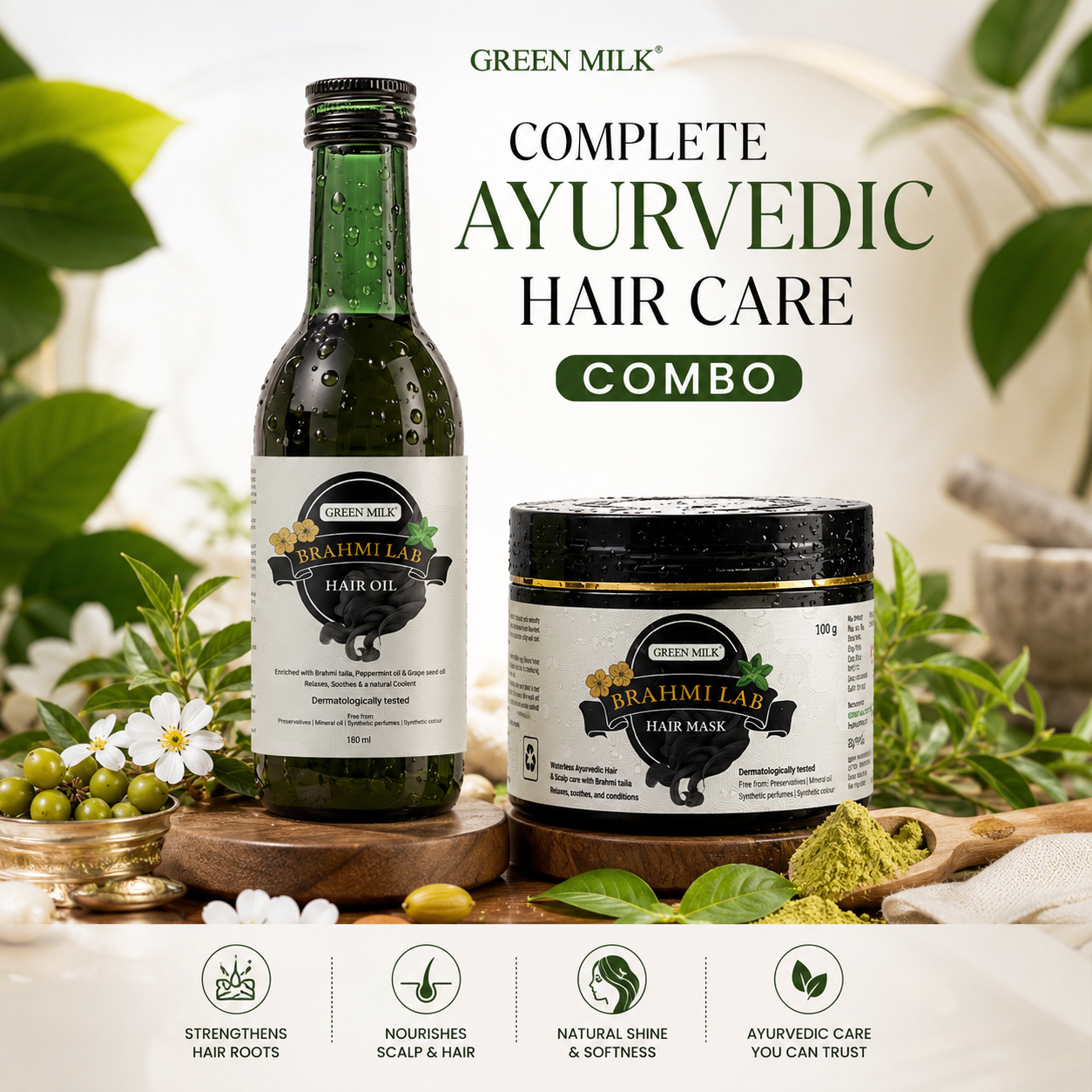 Brahmi Lab Hair Care Combo | Waterless Ayurvedic Hair Mask & Hair Oil for Scalp Wellness, Deep Hair Nourishment & Healthy-Looking Hair