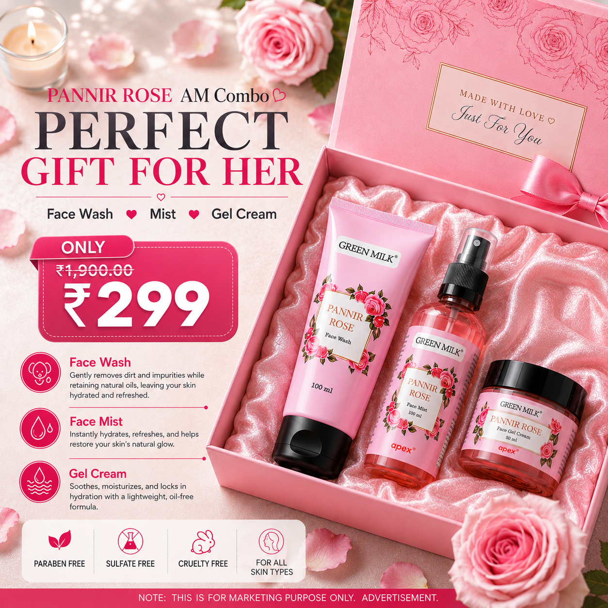Pannir Rose AM Combo - Face Wash, Mist & Gel Cream