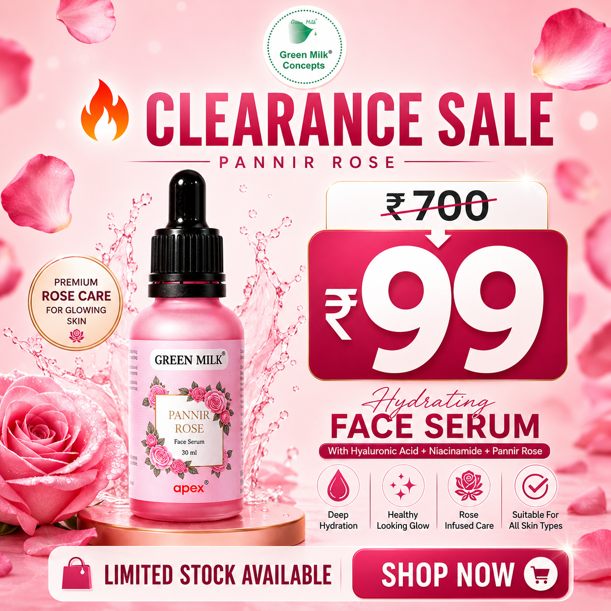 2% Hyaluronic Acid Serum with Niacinamide & Pannir rose – Hydrating & Revitalising  | Green Milk Concepts - 30 ml