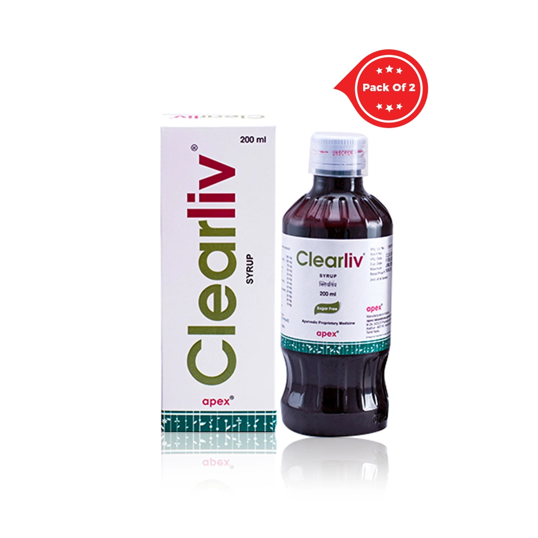 A pack of Clearliv syrup which includes two bottles, with the branding and product information displayed on the packaging.