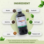 Clevira syrup bottle with ingredients listed on a green background