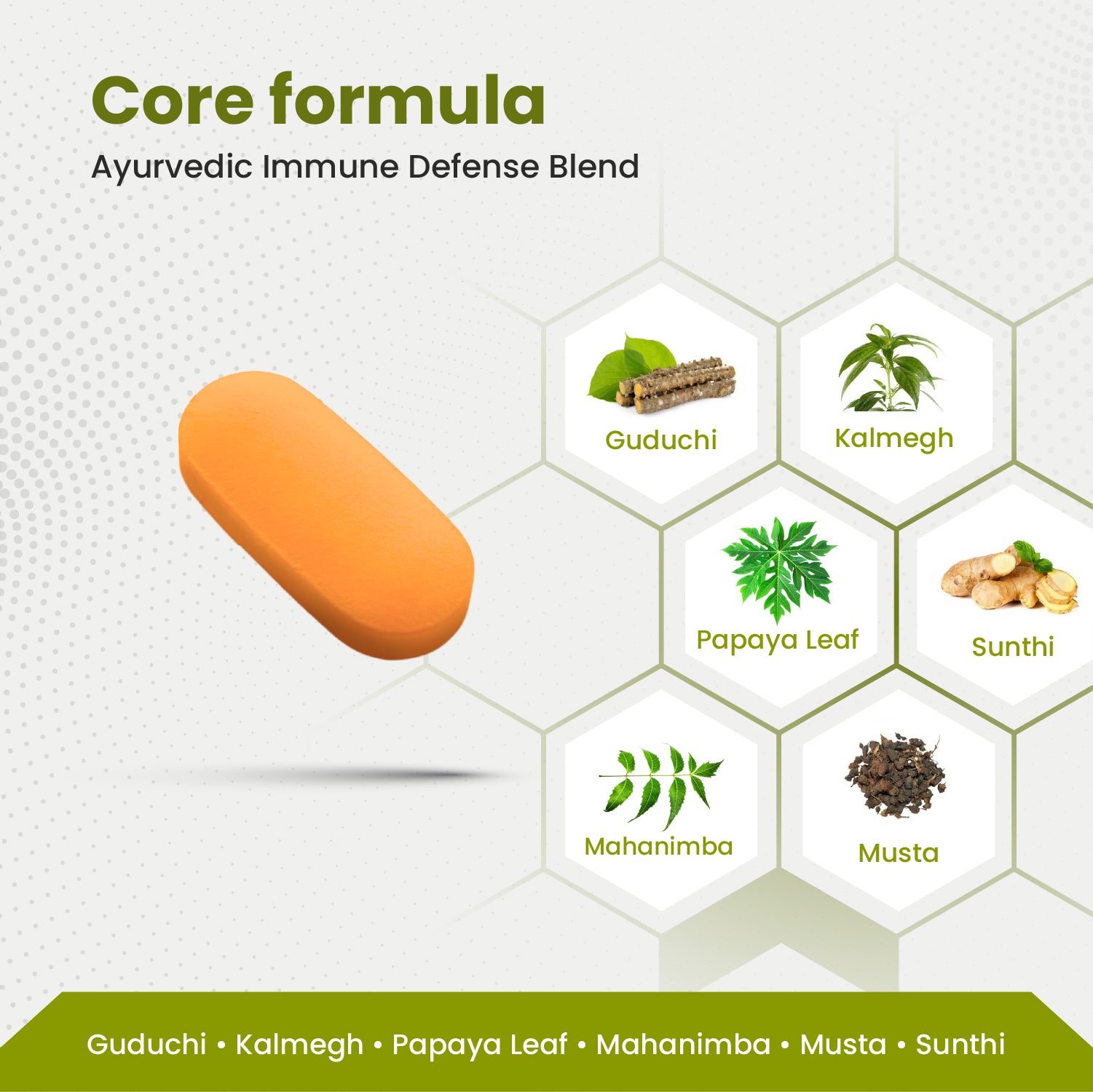 Orange pill with Ayurvedic immune defense blend ingredients on a white background