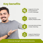 Man pointing to key benefits of a product on a white background