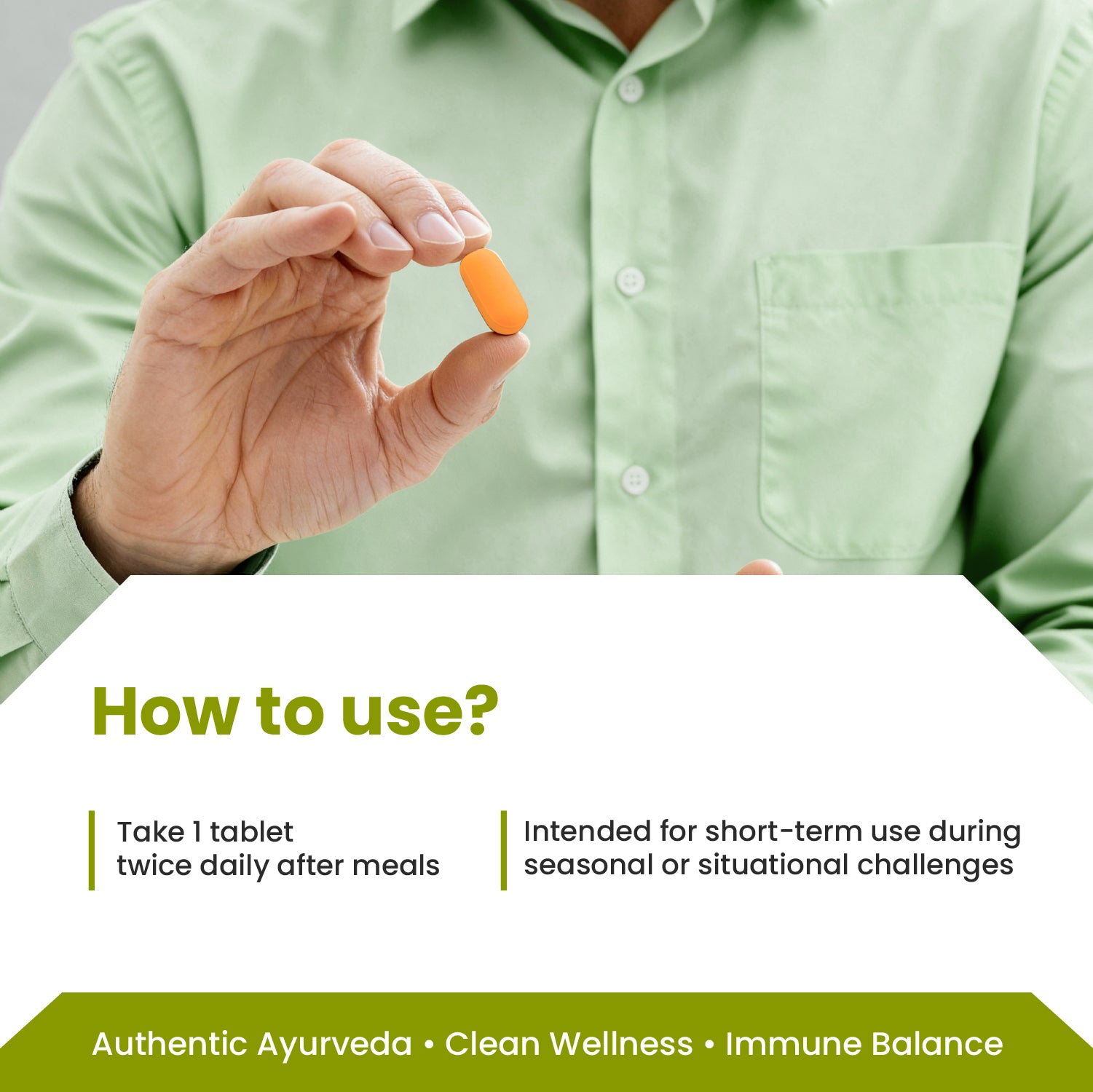 Person holding a supplement with text on how to use it, set against a green shirt background.