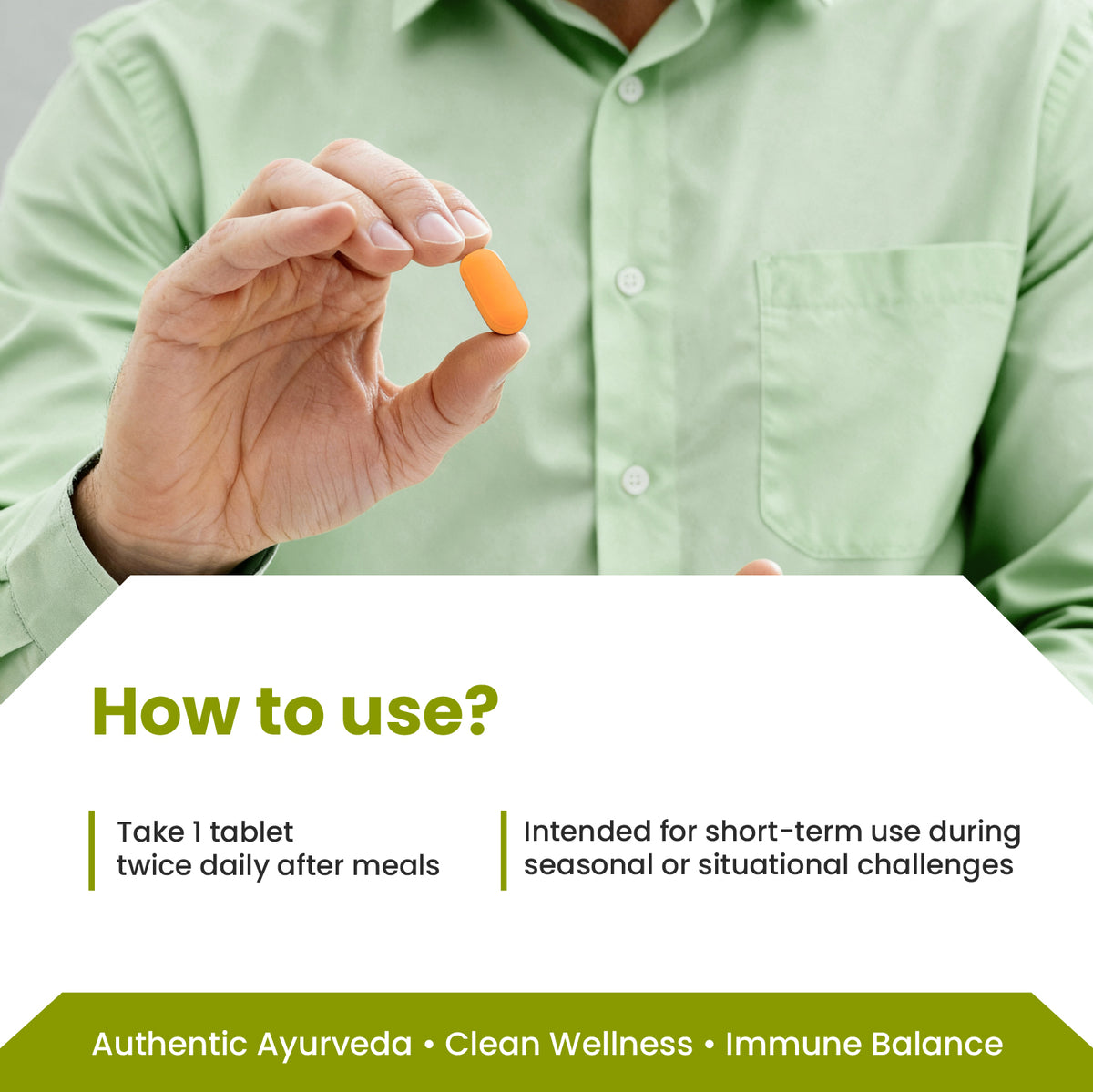 Person holding a supplement with text on how to use it, set against a green shirt background.