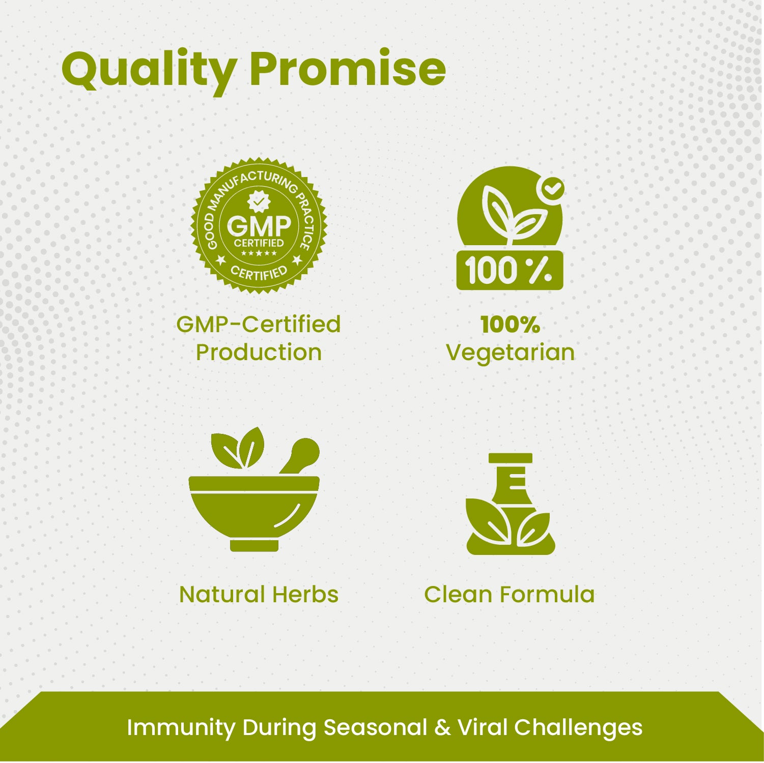Quality Promise banner with GMP certification, vegetarian, natural herbs, and clean formula icons on a white background.