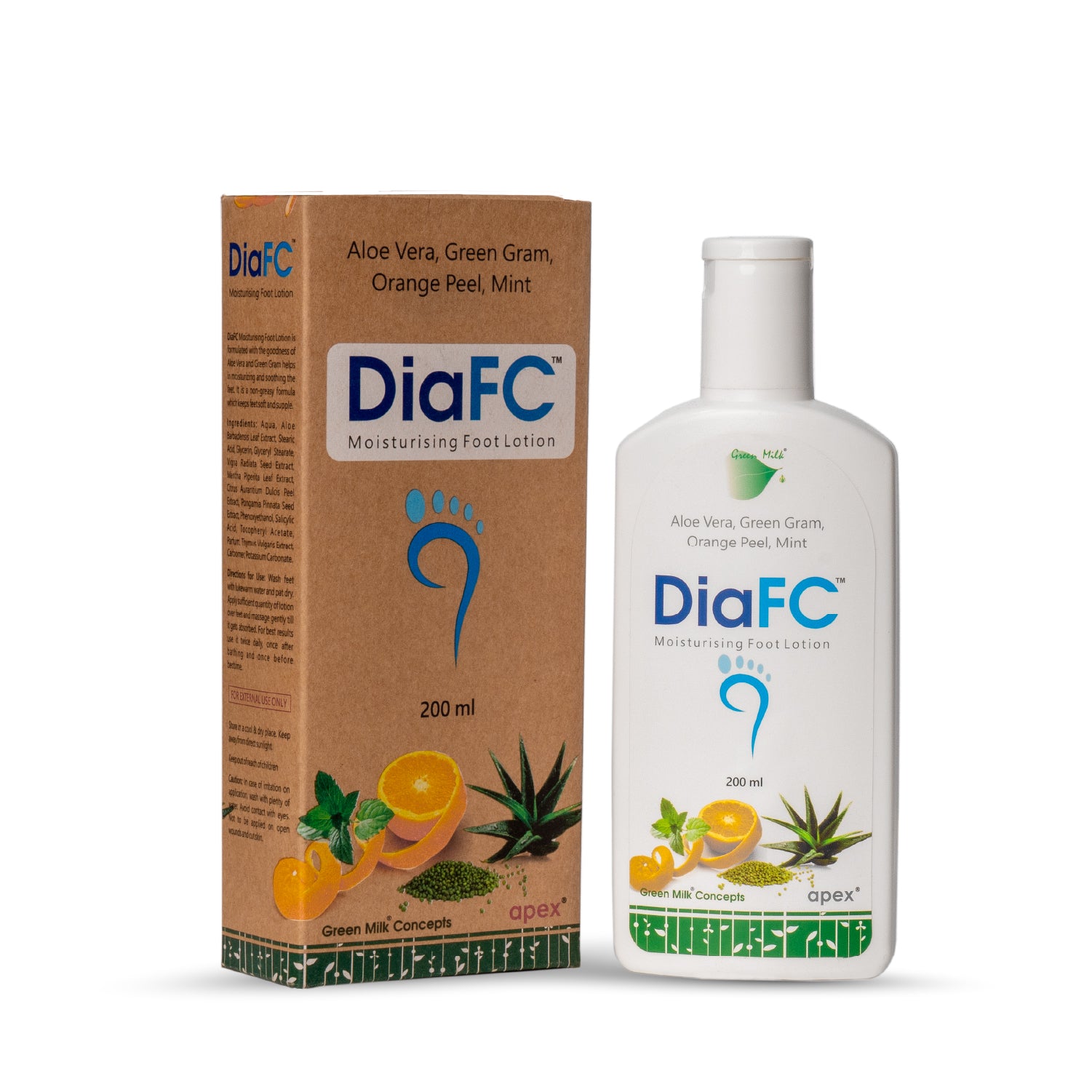 DiaFC moisturizing foot lotion bottle and packaging on a white background