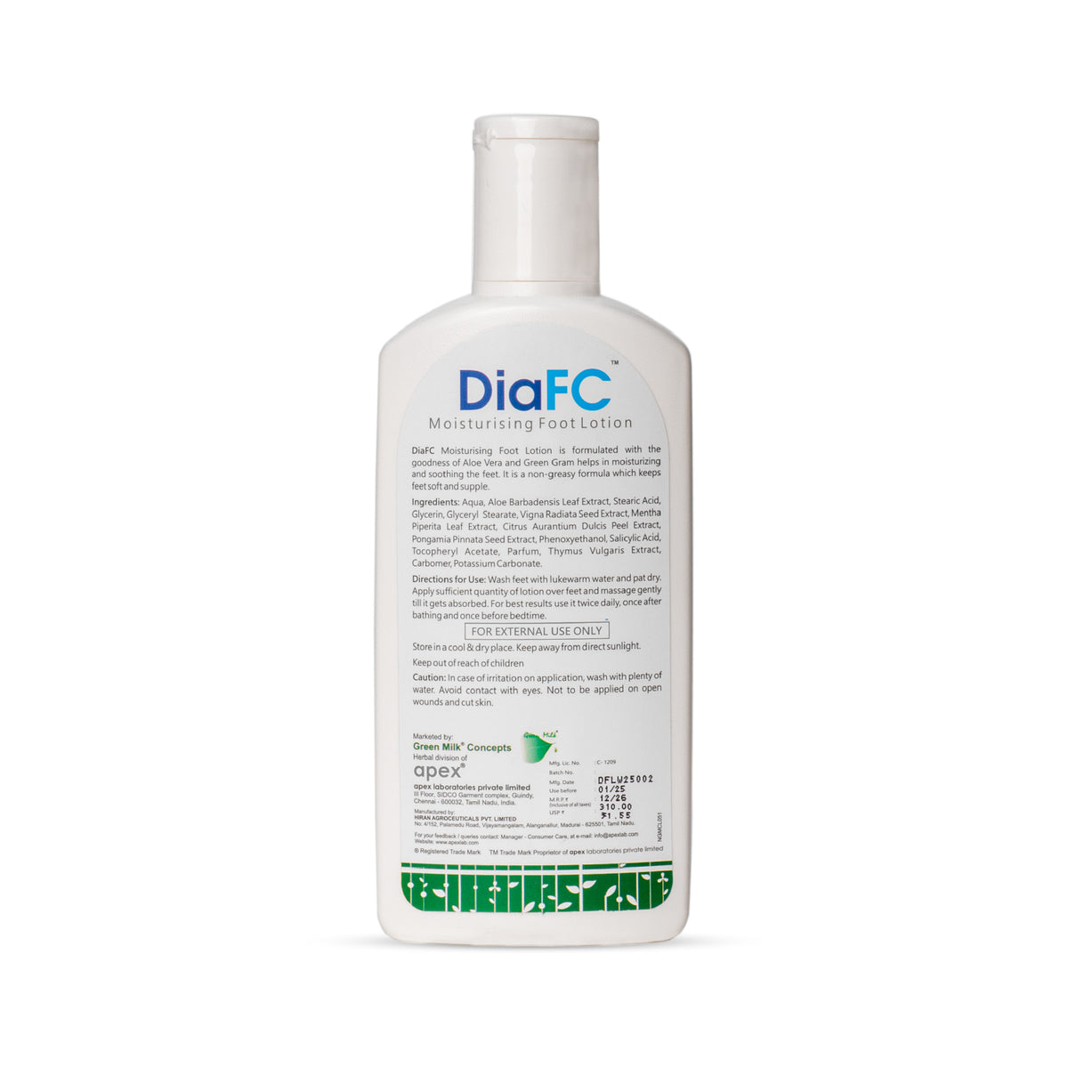 DiaFC moisturizing foot lotion bottle on a white background