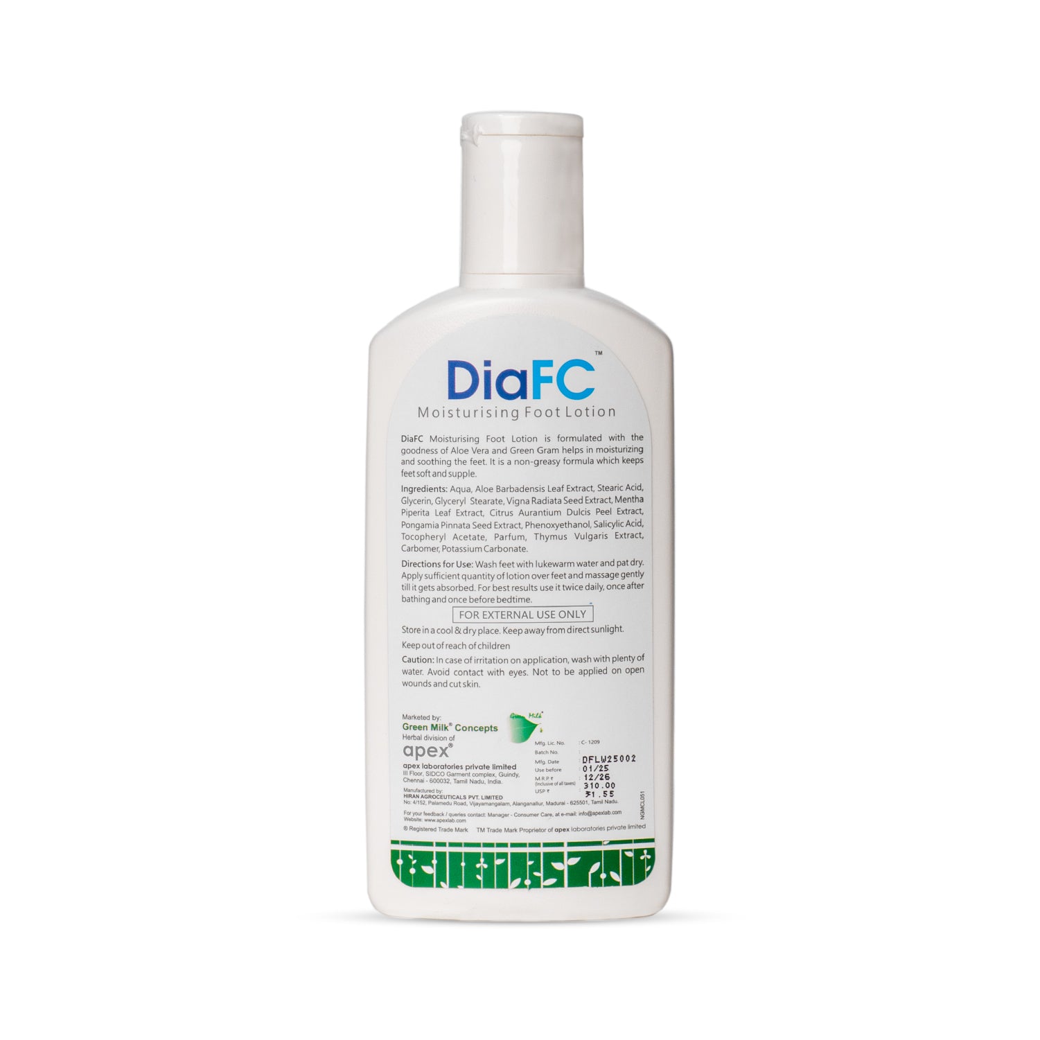 DiaFC moisturizing foot lotion bottle on a white background