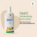 DiaFC moisturizing foot lotion bottle on a beige background